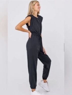 Pact Organic Cotton Black Relaxed Muscle Tee Jogger Jumpsuit with Pockets